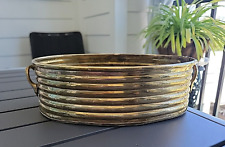 Vintage Solid Brass Ribbed Oval Planter With Handles 1990's picture