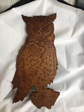 Vintage 1970's Carved Flat Wooden Owl Wall Art Plaque 15