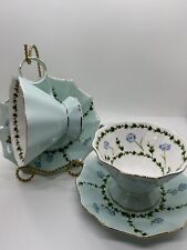 2 Meritage Tea Cup & Saucer Green Vines Blue Flowers & Butterfly ~ Scalloped picture