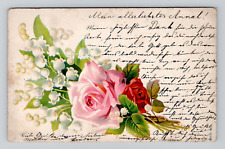 Postcard Floral Greeting Pink Rose & Lily of the Valley Flowers, Antique i16 picture