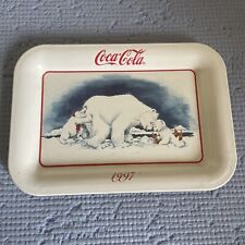 Vintage 1997 Coca-Cola White Mini Metal Tin Tray With The Polar Bear & Cubs picture