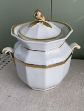Antique Large Sugar Bowl w/Lid Double Handle Gold Trim Pear Finial 6 3/4” Tall picture
