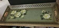 Vintage Hand Painted Metal Tole Tray with Handles Floral Green 22
