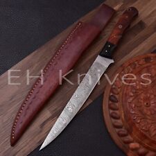 13'' CUSTOM HAND FORGED DAMASCUS STEEL FILLET FISHING KNIFE ROSE WOOD HANDLE picture