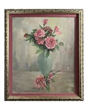 RENÉ Antique Rose Vase Still Life Oil on Canvas in Italian Carved Gilt Frame picture