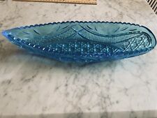 Aqua Blue Cut Glass Boat Shaped Serving Dish Bowl 13
