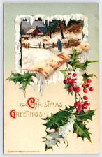 Postcard Christmas Greetings Farm Scene Snow Framed John Winsch Copyright 1911 picture