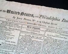 Rare 18th Century Capital of Philadelphia Pennsylvania 1798 American Newspaper picture
