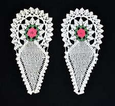 Vintage Pair White Hand Crochet with Red Rose Doily Dresser Set Arms for Chair picture