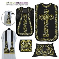 BLACK Roman Chasuble Fiddleback Vestment & 5 pcs mass set IHS embroidery, FELT picture