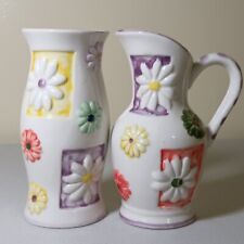 Pair Of Vintage Retro Daisy Ceramic Wall Pockets Vase Boho Shabby Chic Cottage picture