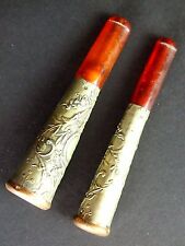 2 CIGARETTE MOUTHPIECE. AMBER. SILVER PLATED METAL. HAND CHISELLED. SPAIN. XIX. picture