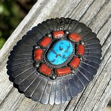 Navajo D Signed Stunning Belt Buckle Sterling Silver Turquoise Coral Vintage picture