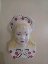 Vintage 1950s Ceramic Wall Planter Blonde Girl Head Vase Polka Dots picture