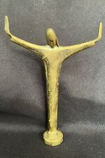 Vintage MCM Brutalist Brass Jesus Christ Statue Figurine Art Deco Open Arms picture