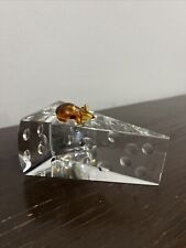 Vintage C 1980’s Crystal Glass Swiss Cheese Wedge With Amber Glass Mouse On Top picture