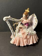 Vintage German Dresden Lace Figurine Lady with Harp. 4” Pink Porcelain Lace picture