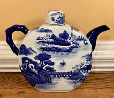 Vintage Three Hands Jumbo 9.75” Blue & White CHINESE VILLAGE Porcelain Teapot picture