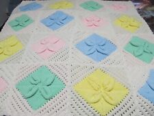 HAND KNIT/CROCHETED 3-D FLOWERS BABY Blanket/THROW  44 X 44 - 4 COLORS - LOVELY picture