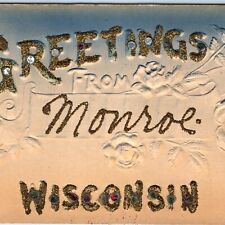 c1910s Monroe, WI Gold Glitter Greetings Mica Embossed Roses Postcard Wis A117 picture