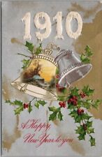 Vintage 1910 HAPPY NEW YEAR Embossed Postcard Silver Bell / House Scene picture