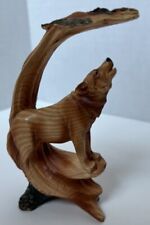 Howling Mountain Wolf Figurine Carved Faux Wood Resin Statue 5”H picture