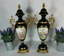 pair limoges cobalt porcelain romantic decor vases marked  picture