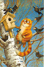 R.Zenyuk Friendly Red Cat took care about wooden bird house Russian postcard picture