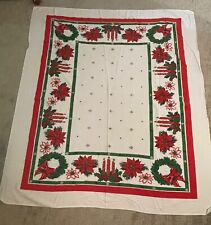 Vintage MCM Christmas Rectangle Tablecloth Wreath Poinsettia Candle 55 x 50 picture