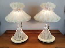 Vintage Pair of Dresden Style 1950's Boudoir Figural Lady Lamps w/ Tulle Shades picture