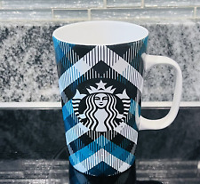 Starbucks Coffee 2015 Teal Blue Black White Plaid Argyle 16 oz Tall Mug Cup picture