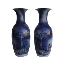 Pair Large Chinese Blue & White Dragons Fishes Porcelain Vases mh428 picture