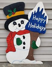 Vintage Folk Art Painted Wood Sign Happy Holidays Snowman Christmas Xmas Decor picture