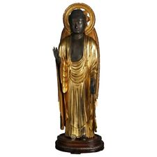 Japanese or Tibetan Polychromed Giltwood Carved Standing Buddha & Stand 19th C picture