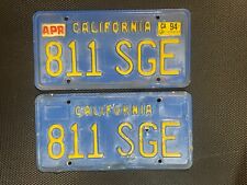 CALIFORNIA PAIR OF LICENSE PLATES BLUE 811 SGE APRIL 1994 LICENSE PLATE CAR TAG picture