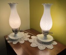 VTG PAIR Matching Electric Bedside Lamps Milk glass Hobnail Beaded Trinket Tray picture