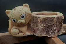 Adorable Vintage 1986 CAP Wood Look Resin Planter Big eyed Kitty Cat Tree Stump picture