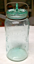 Vintage B B Wilcox Fruit Jar with Whittled Glass Lid Aqua Quart Pre-1900 picture