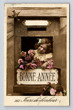 RPPC French Portrait Young Girl Mailbox Flowers Hand Colored Postcard picture