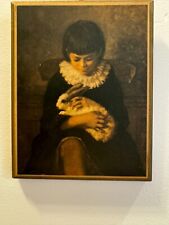Vtg Eastman Johnson Child with Rabbit Print of Painting on Wood 4.5” x 5.5” picture
