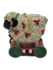 Christmas Ornament Sheep/Lamb On Cart Wooden Primitive Folk Art Rustic 3 inches picture