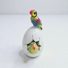 Tonala Pottery Hatched Egg Double Parrots Blue Yellow Hand Painted Signed 208 picture