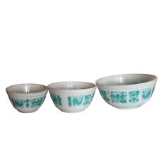 Vtg Pyrex mixing bowls Amish Butterprint turquoise on white set of 3 nesting picture