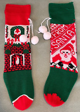 Two Vintage Christmas Knit Stockings- SANTA & FIREPLACE  18