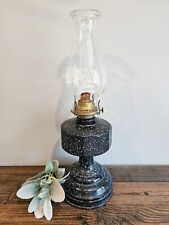 Antique Working Oil Lamp Black Speckled Base With Eagle Etched Glass picture
