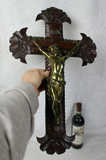 French antique neo gothic wood carved crucifix metal christ religious rare  picture