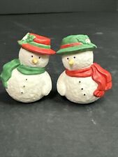 Vintage Ceramic Snowman Couple Christmas Holiday Salt & Pepper Shakers 2.5” Tall picture
