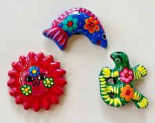 3 Mexican Talavera Folk Art Pottery Ceramic Sun Fish Lizard Refrigerator Magnet picture