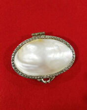 Vintage Mother Of Pearl Trinket Jewelry Box White Natural Silver Edge Small Gift picture