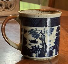Vintage Gray Speckled Coffee Mug Blue Oriental Scene picture